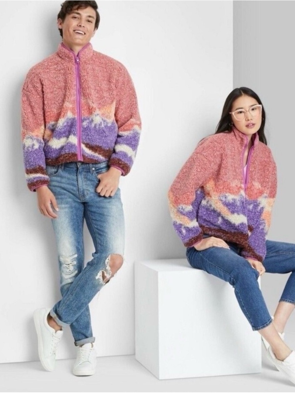 wild fable landscape sunset Pink Purple Multicolor Sherpa  Jacket